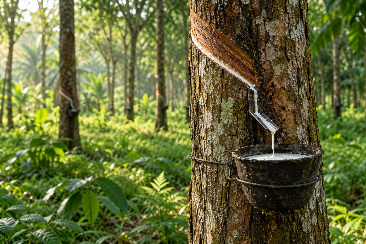Latex collected from a tapped rubber tree in a green plantation